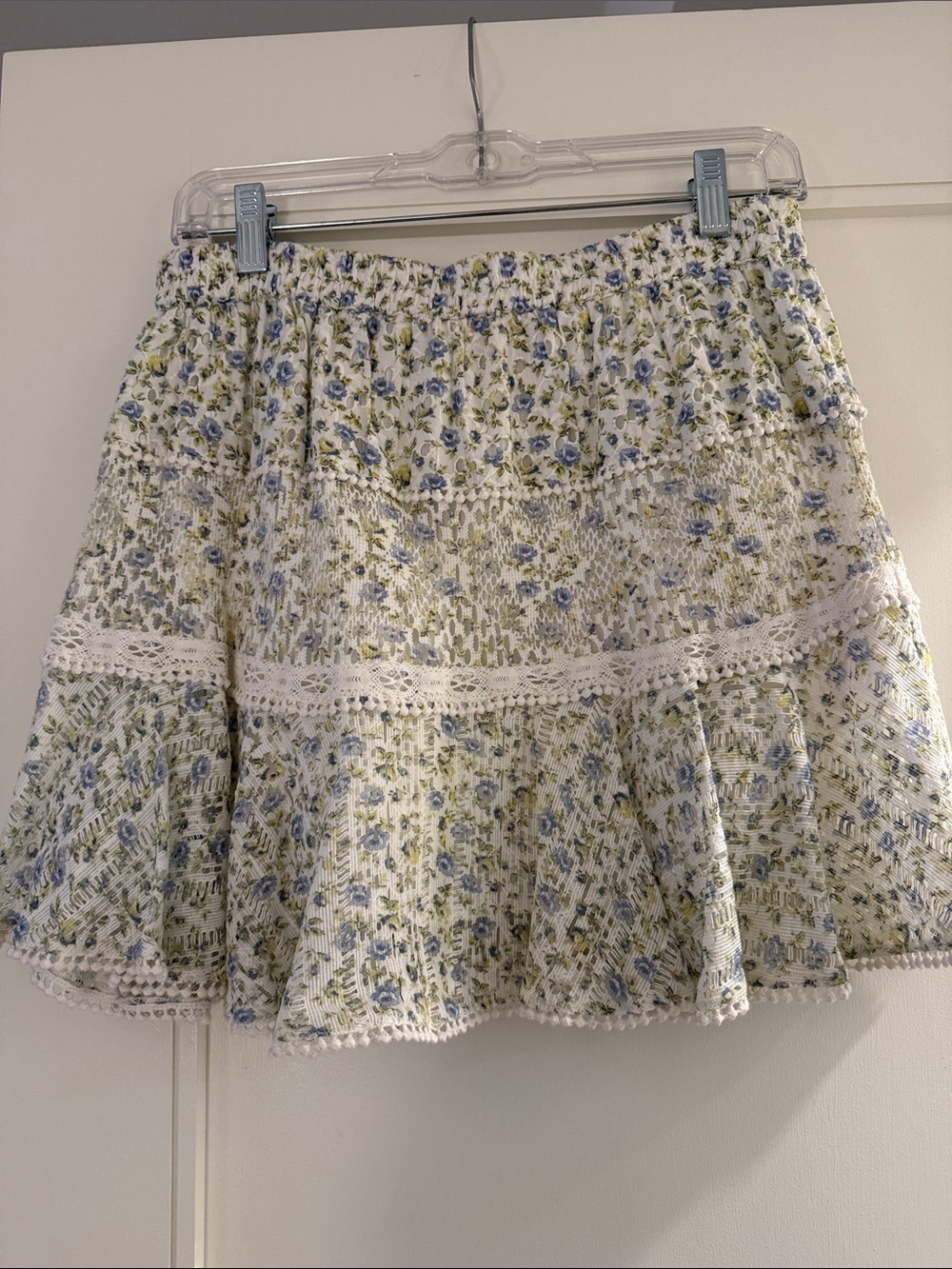 LoveShackFancy Cream Floral Smocked Tiered Skirt with Blue & Green Accents
